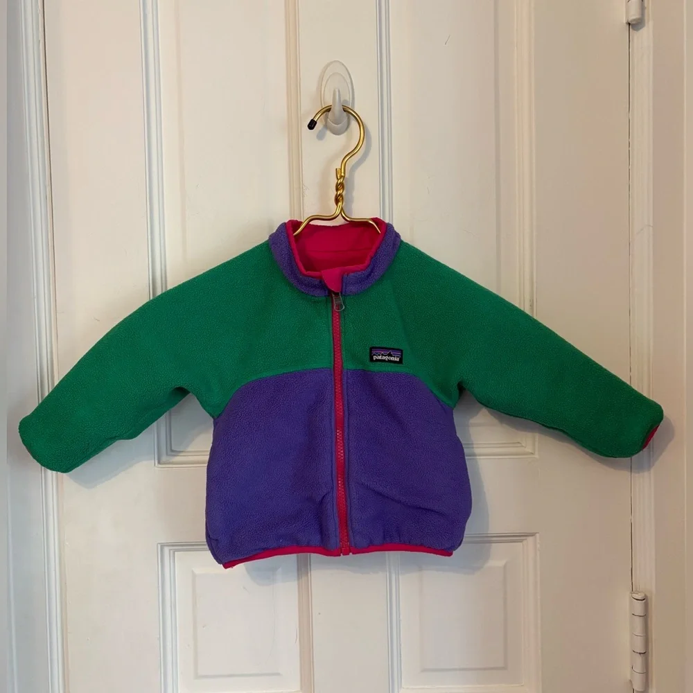 Patagonia Baby Reversible Fleece Jacket Red Purple Green Pink 6M Colorblock